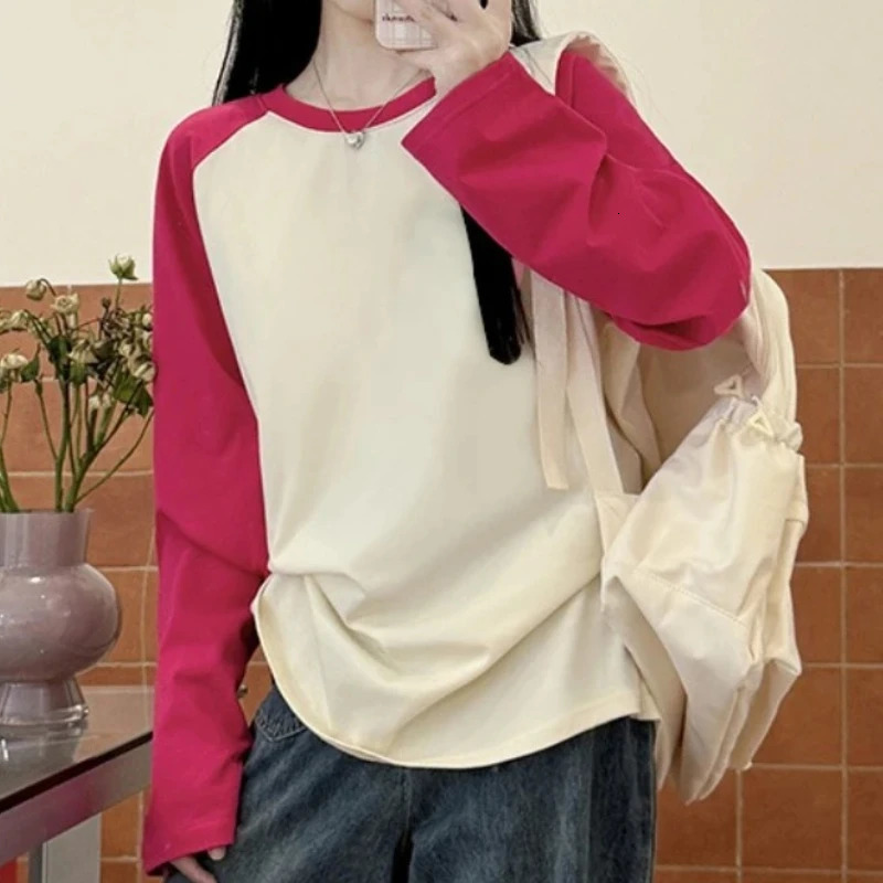 Womens Autumn Winter Fashion O Neck TShirt Female Loose Long Sleeve Tees 100% Cotton Patchwork Casual Tops 250729