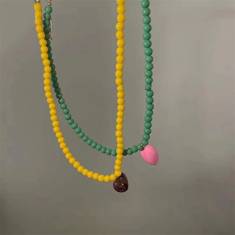 Trend Vintage Resin Acrylic Pink Love Heart Green Beaded Necklace for Women Aesthetic Jewelry Fashion Neck Accessories 250729