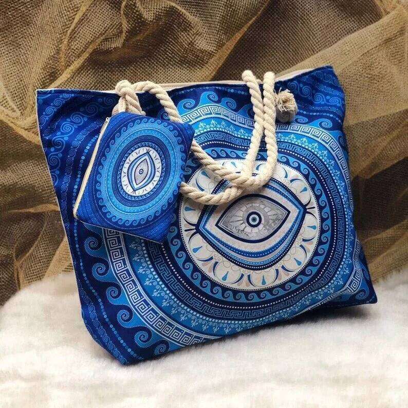 1Pcs Evil Eye Women's Beach Polyester Large Capacity Tote Shoulder Customizable Seaside Travel Bag