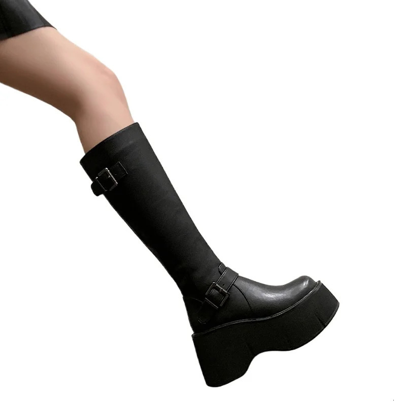 Womens Shoes Basic Womens Boots Classics Knee-High Boots Women Belt Buckle Side Zip Round Toe Wedge Platform Shoes Ladies 250729
