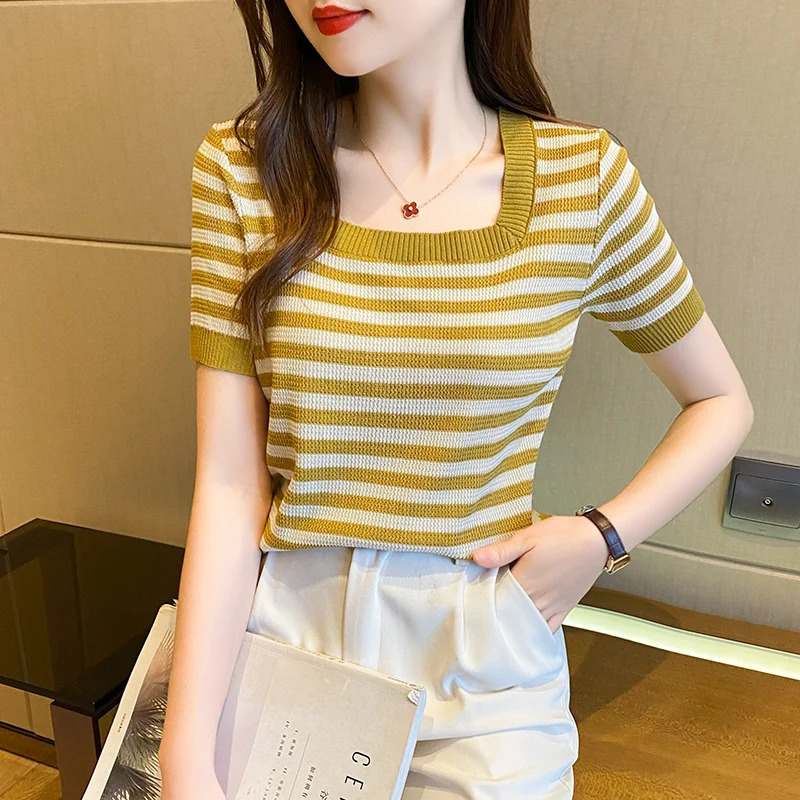 Summer Short Sleeve Striped TShirt Women Knitted Shirts Pullover Tops Female Elastic Casual Knit Tee Womens TShirts Crop Tops 250724