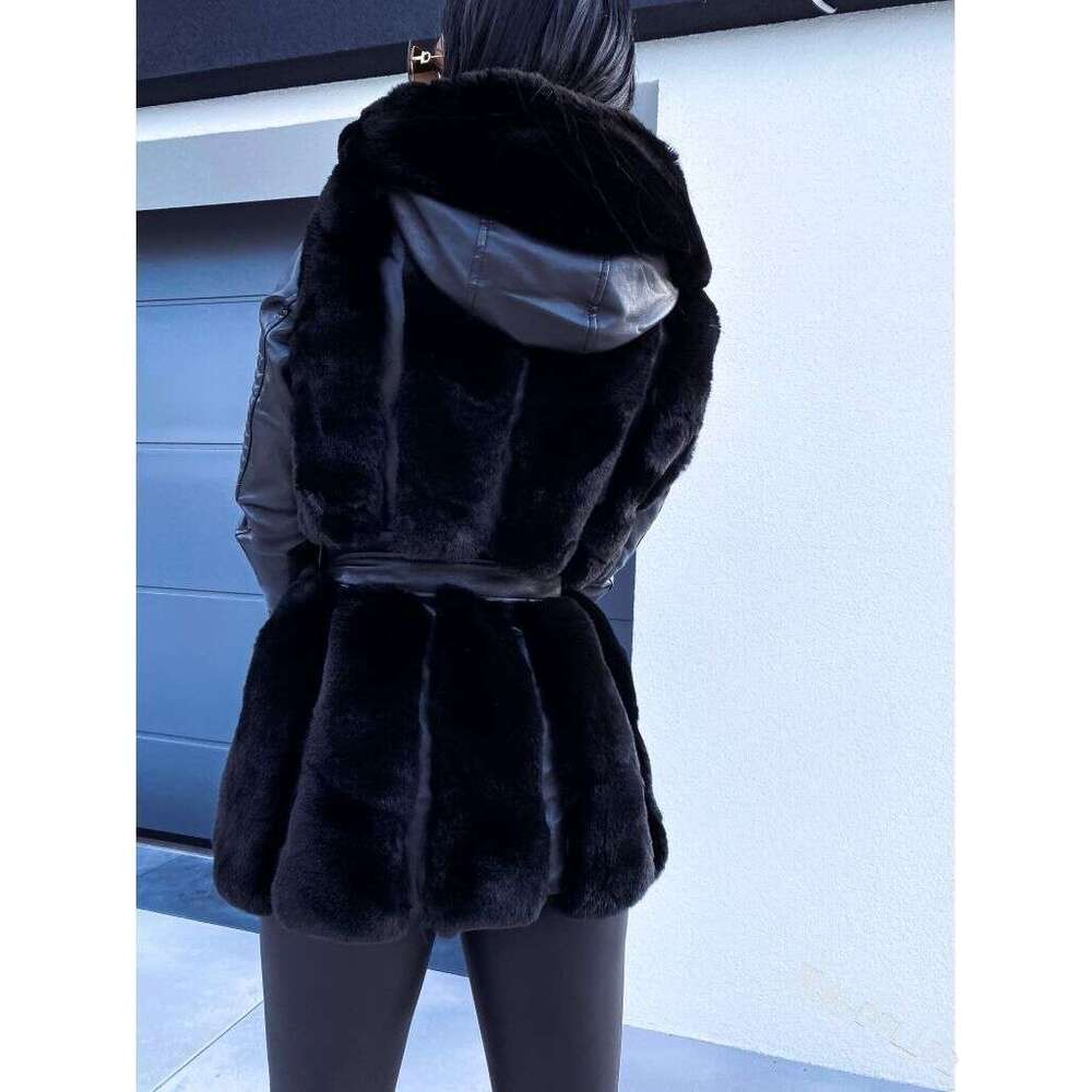 Women's Clothing Hot Selling New Fur Belt Hooded Solid Color Zipper Jacket Women