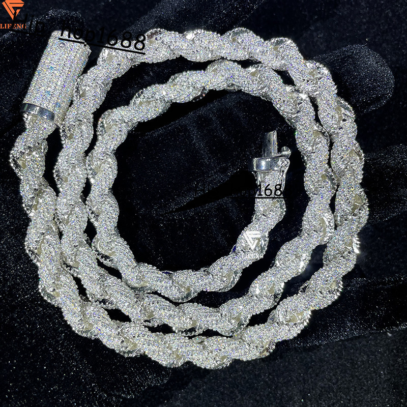 Hot Sale 8mm Iced Out VVS Moissanite Rope Chain Necklace White Gold Ready to Ship 925 Silver Rope Chain Fine Diamond Necklace
