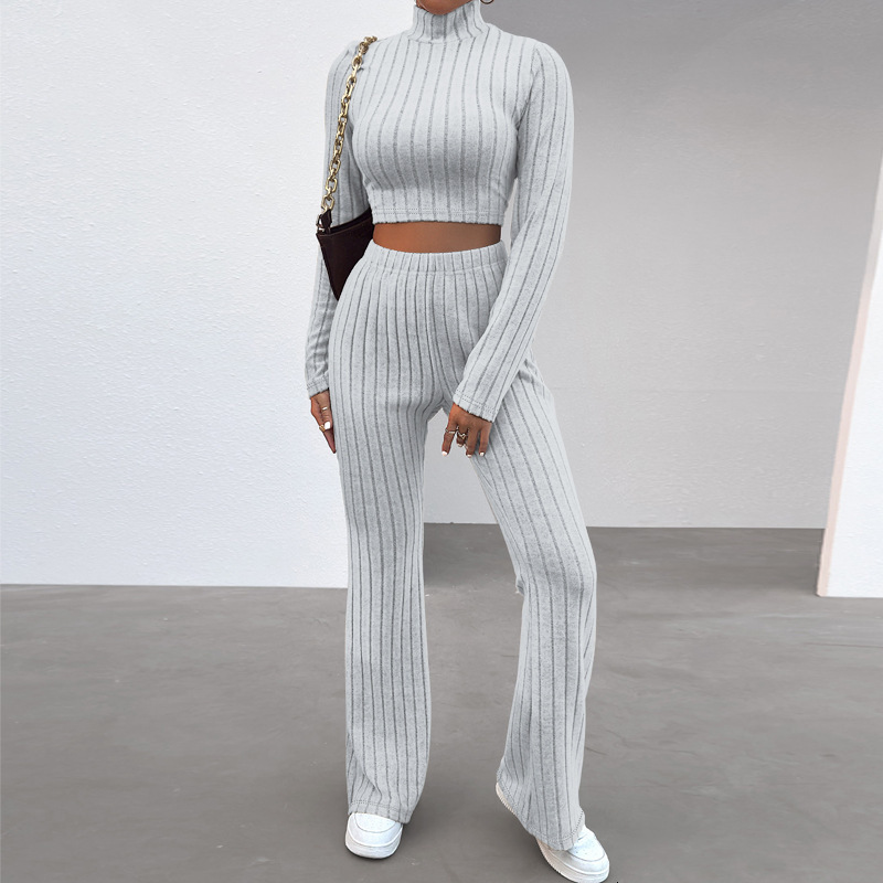 F1366 Winter New Womens Ribbed Fleece High Neck Fashionable Elegant Long Pants Set