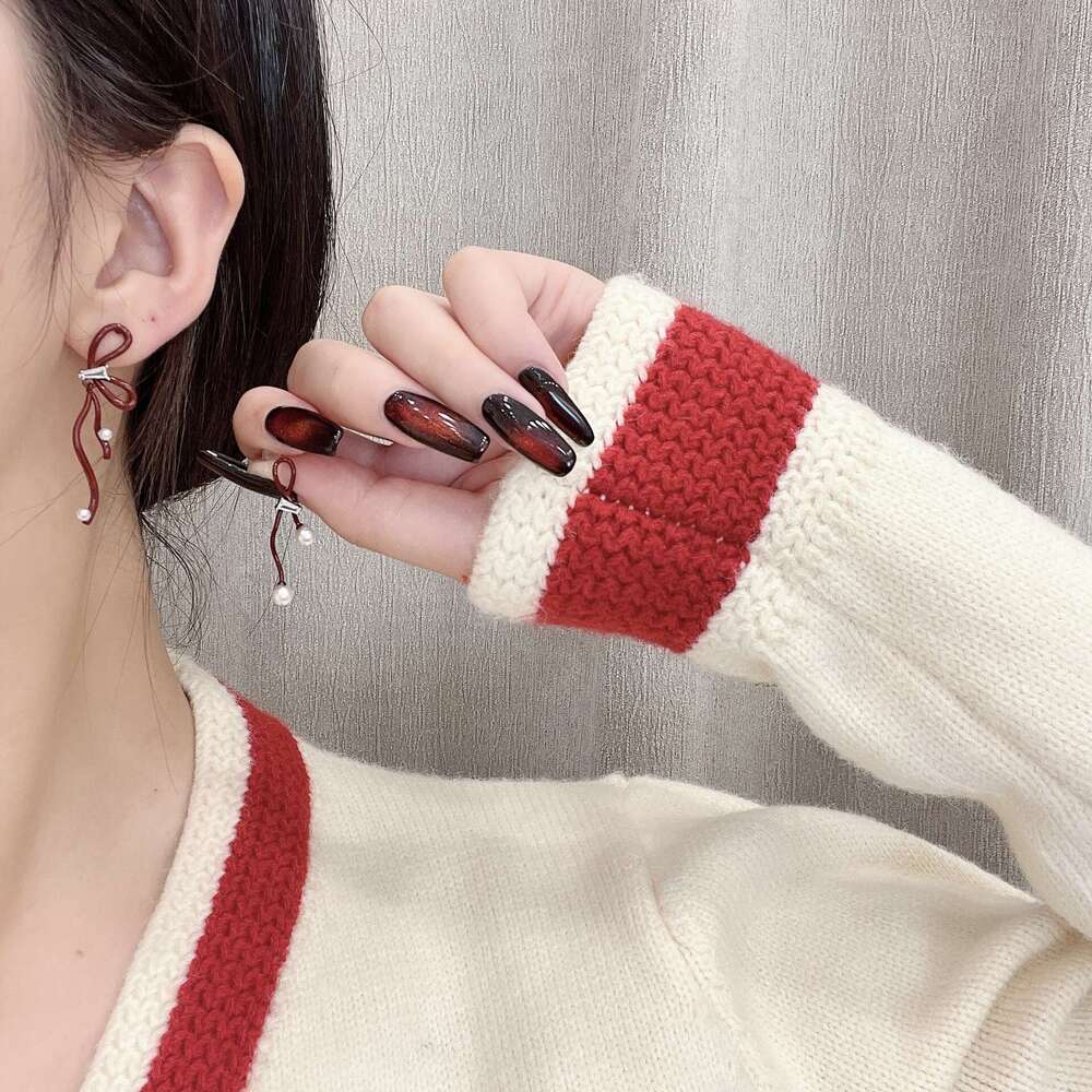 Elegant Ancora Red Bowknot for Women 2024 New High-end Earrings Niche Design Ear Accessories 4c0