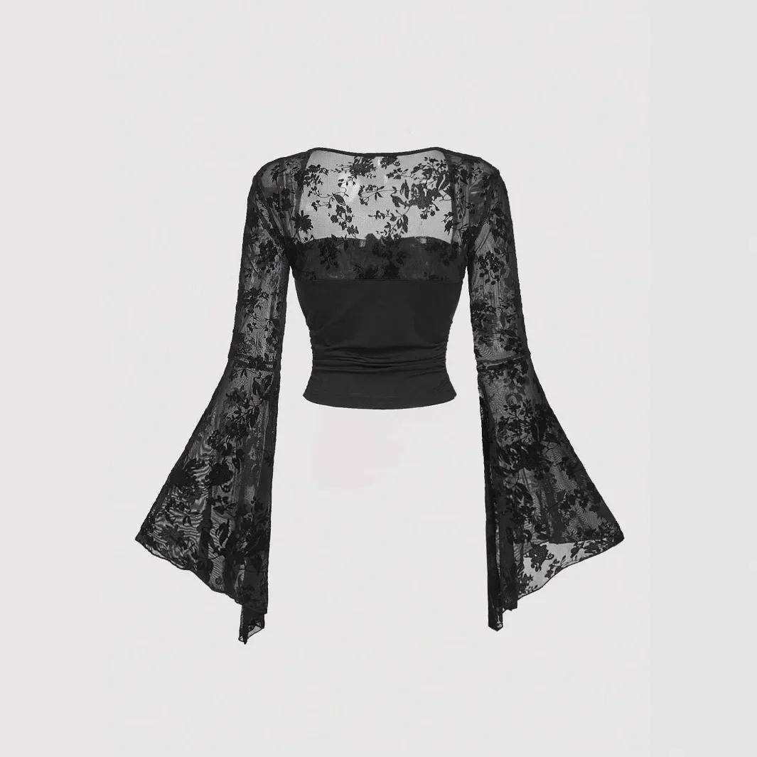 n Sensation Lace Splicing Long Sleeve Mesh TShirt Sexy Elegant Style Full Square Collar Polyester Fiber Top 250729