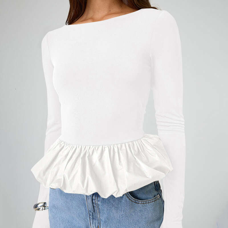 Ytp464 Women's Autumn New Solid Color Round Neck Patchwork Lace Sexy Long Sleeve Top B5