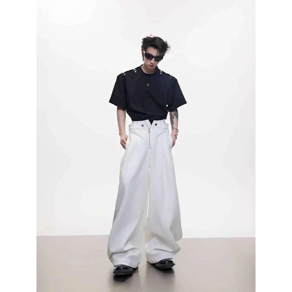 Mauroicardi Spring Autumn Cool Black Baggy Wide Leg Pants for Mens Designer Fake 2 Pieces Clothes Fashion Streetwear 2025