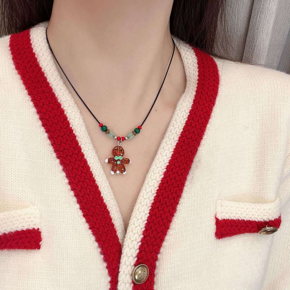 Colorful Beaded Christmas Tree Gingerbread Man Necklace for Women Cartoon Cute Sweet Collarbone Chain Fashionable Personality Sweater Accessory 60b