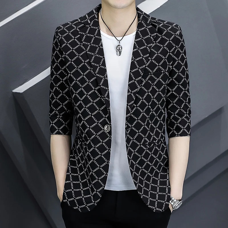2025 Mens Summer Casual Slim Business Wedding Fashion Trend Handsome half sleeve Blazer Print Small Suit 250724