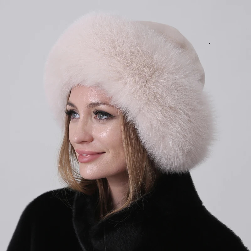 Russian Winter Fur Hat Warm Fluffy Women Round Hat Fluffy Fox Rabbit Fur Bucket Hat 250724