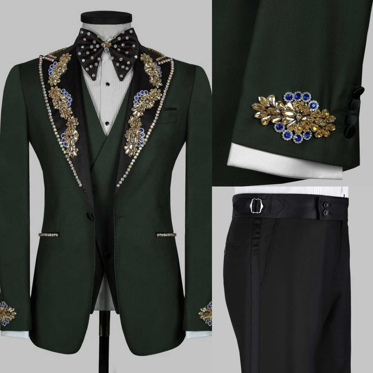 Glitter Sequins Mens Tuxedos Unique Peaked Lapel Crystal Beading Groom Party Birthday Formal Wear 3 Pieces With Black Pants Customized