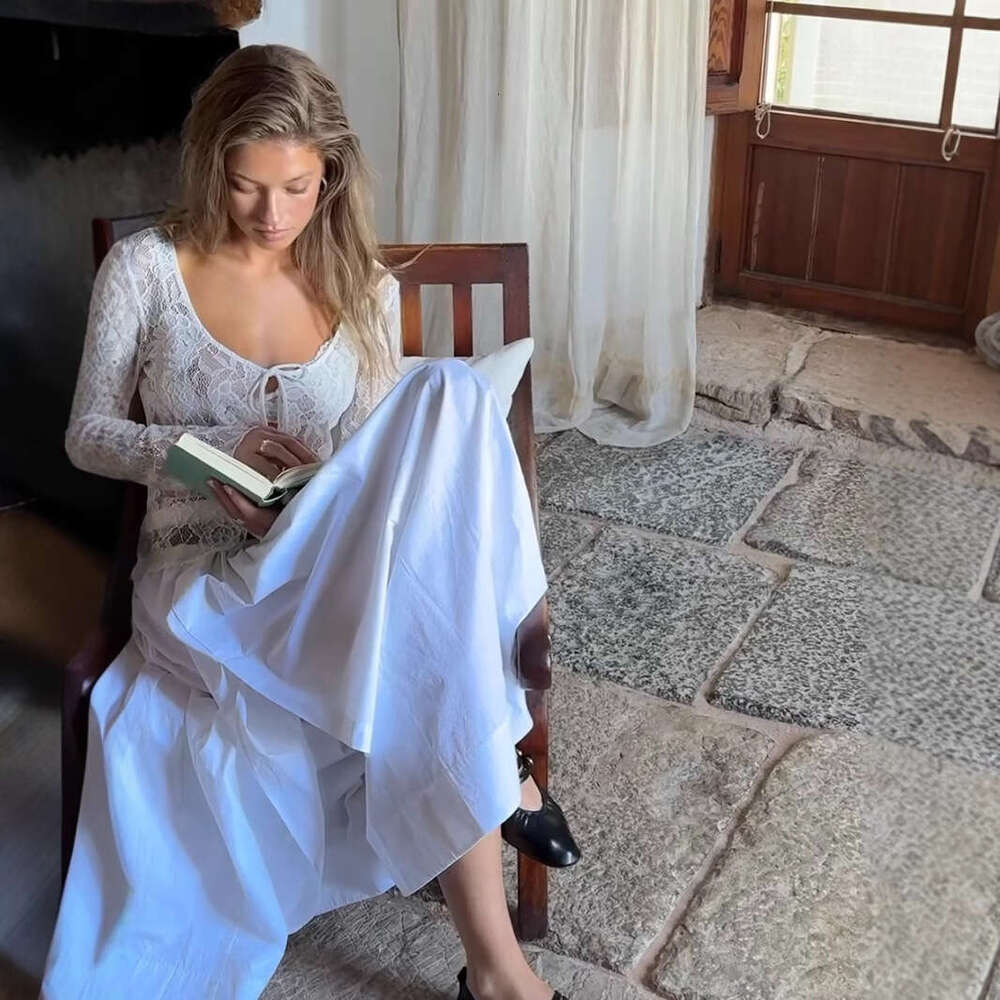 Thin Hollow Out U-Neck Long Sleeve Lace Blouse Women's Spring Summer Layerable Sweet Spicy Pure Desire Style Cover-Up Sun Protection Top B5