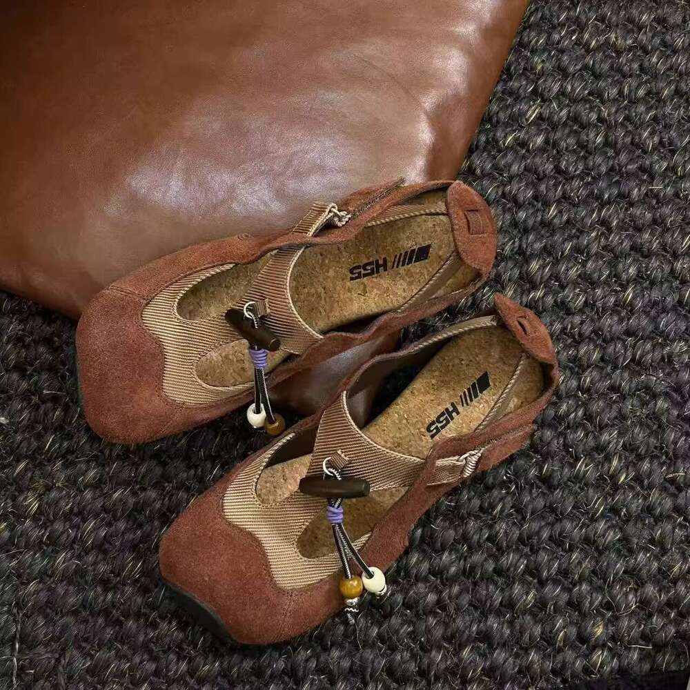 Cowhide Version~ Thick Sole Hidden Heel Casual Square Toe for Women Slip-On Shallow Mary Jane Sandals German Training Shoes