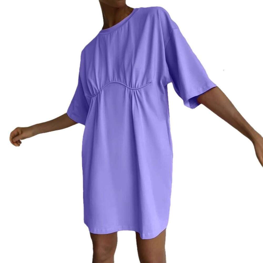 Summer New Pure Cotton Style Casual Loose T-Shirt Round Neck A-Line Dress Women's Clothing B5