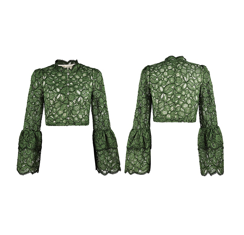 2025 Green Lace Long Flare Sleeves Floral Mesh Short Jackets Going Out Tops for Women Fashion Fall Evening Wear Stand Collar Lace Women Outfits 611229