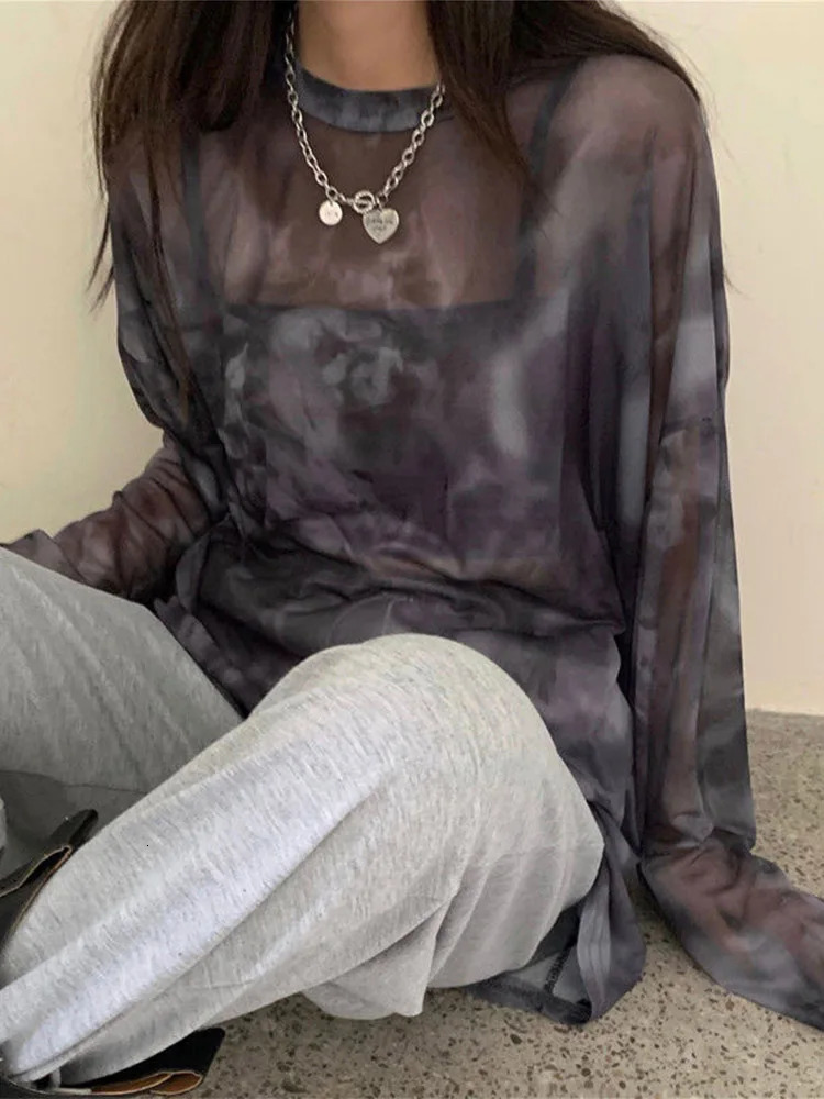 Tshirt Women Tie Dye Long Sleeve Ladies Spring Loose High Street Stylish Thin Leisure Minimalist Harajuku Ins Comfortable Chic 250729