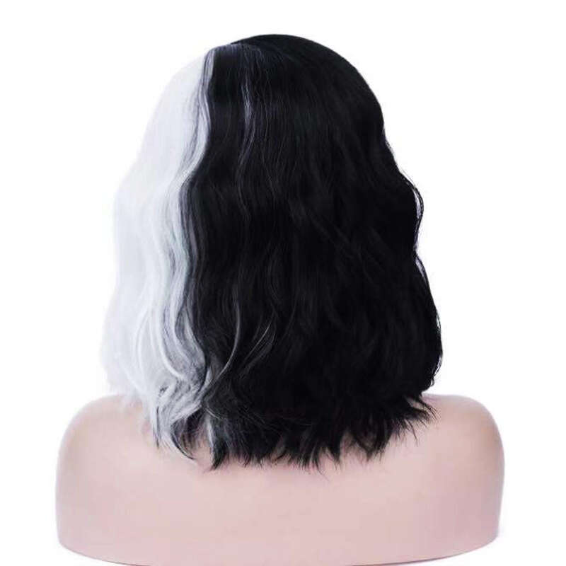 New Black and Witch Cruella Cosplay Wig 1/3 White Side Part Anime Short Hair B5