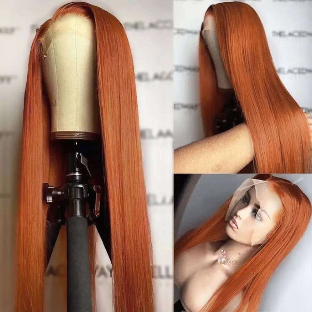 Ginger Orange Color Long Straight 13*4 Copper Red Human Hair Glueless Pre Plucked Synthetic Lace Front Wigs