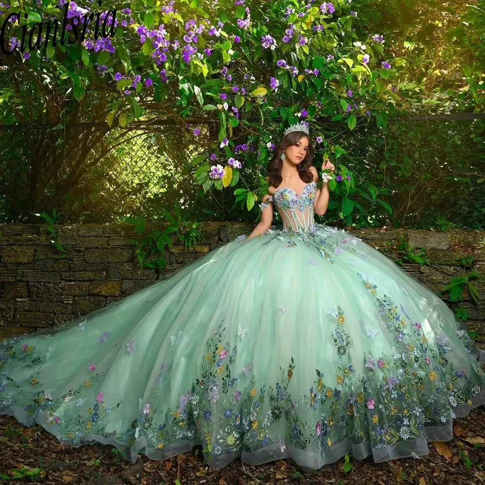 Mint Green Illusion Floral Appliques Lace Ball Gown Quinceanera Dress Off The Shoulder 3D Flowers Princess Sweet 15 16 Birthday