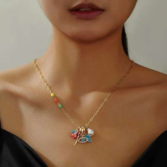 OZON Devil's Eye Geometric Metal Pendant for Women Fashion Star and Moon Enamel Necklace