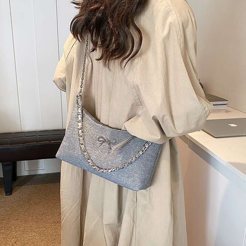 Elegant Bowknot Underarm New Denim Blue Chain Women's Niche Design Single Shoulder Crossbody Bag