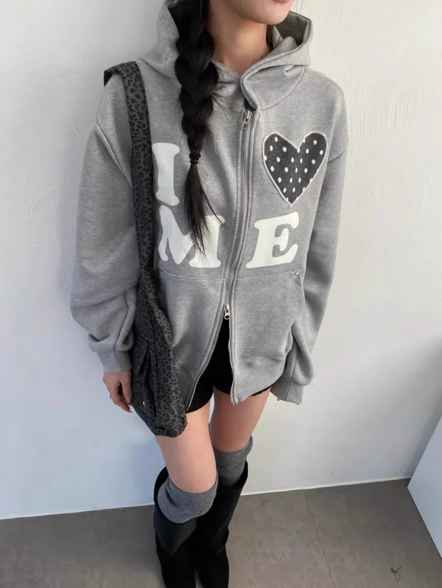 Light Colour Vintage Patch Double Zip Up Cardigan for Women Harajuku n Korean Style Letter Jacket Aesthetic Hoodies 250730