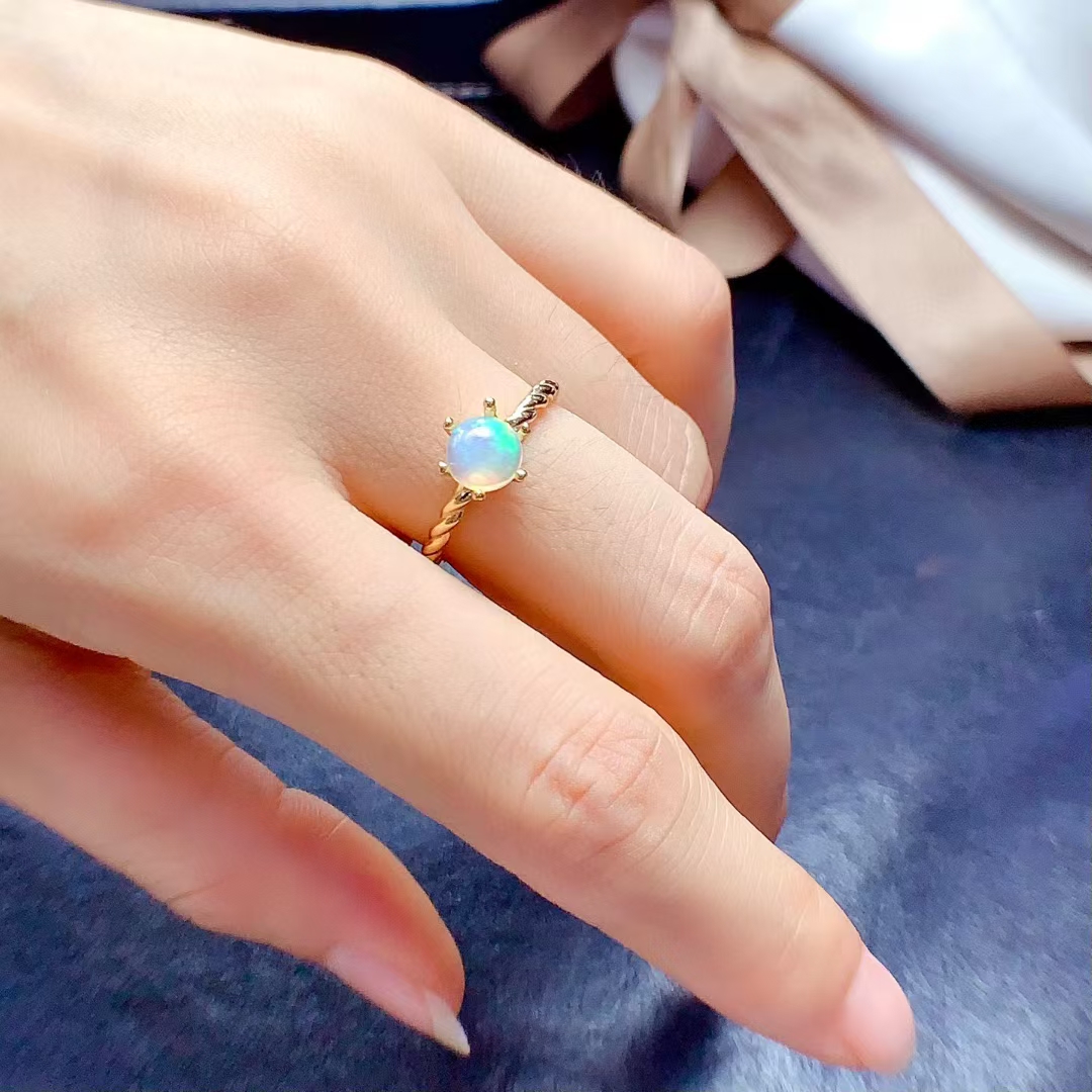 100% Real White Opal Ring for Office Women 6mm Natural Opal Silver Ring 925 Silver gemstone Jewelry with 18K gold plating