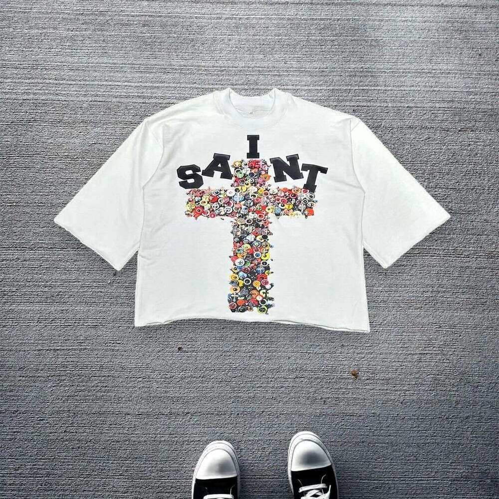 Cross Graffiti Rhinestone Print T-shirt Short Sleeve Top Trendy Brand Series