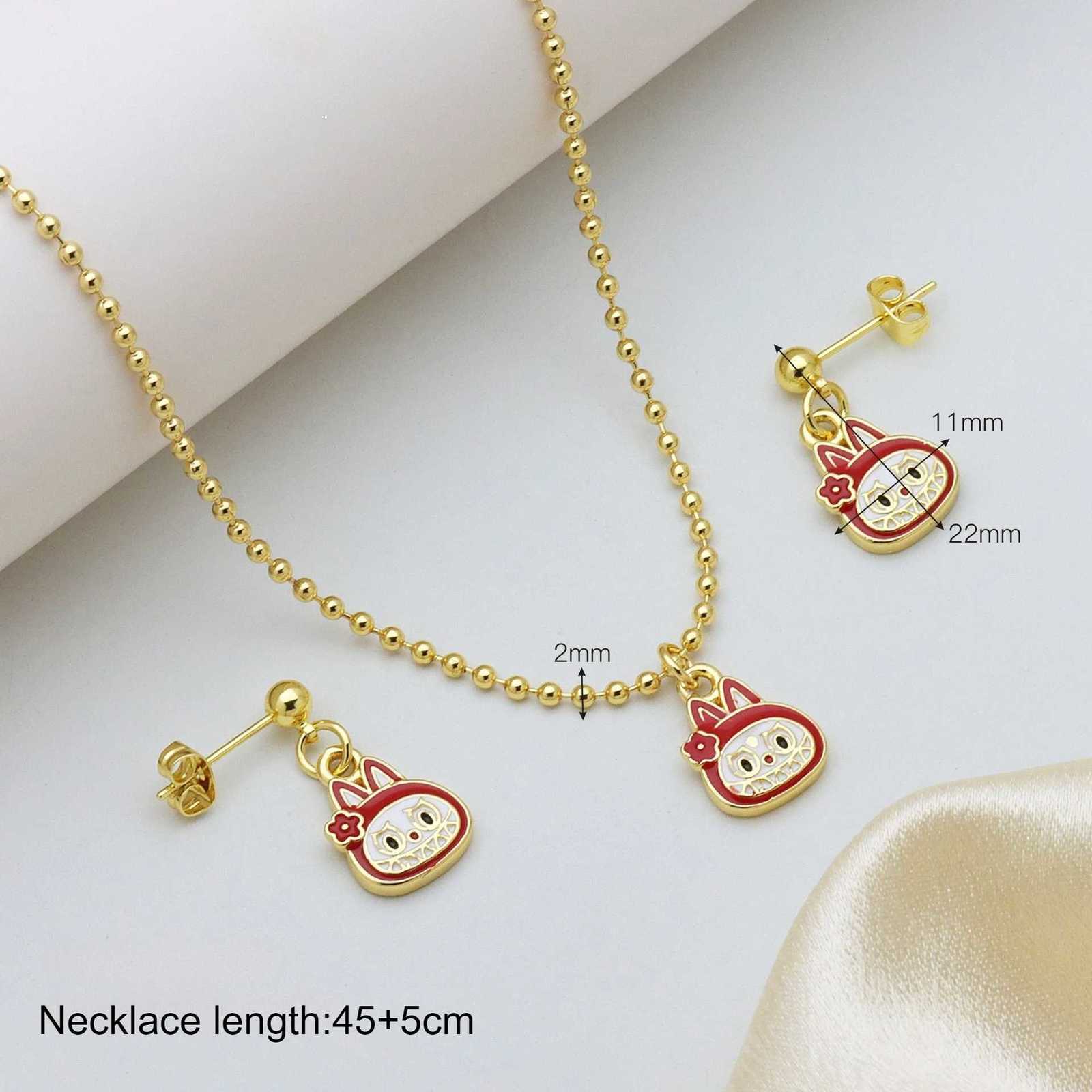 New Trend Cartoon Necklace Earrings Set Round Bead Chain Anime Brass Drip Oil Cute Ear Hanging Earrings Jewelry Set for Women Y250730