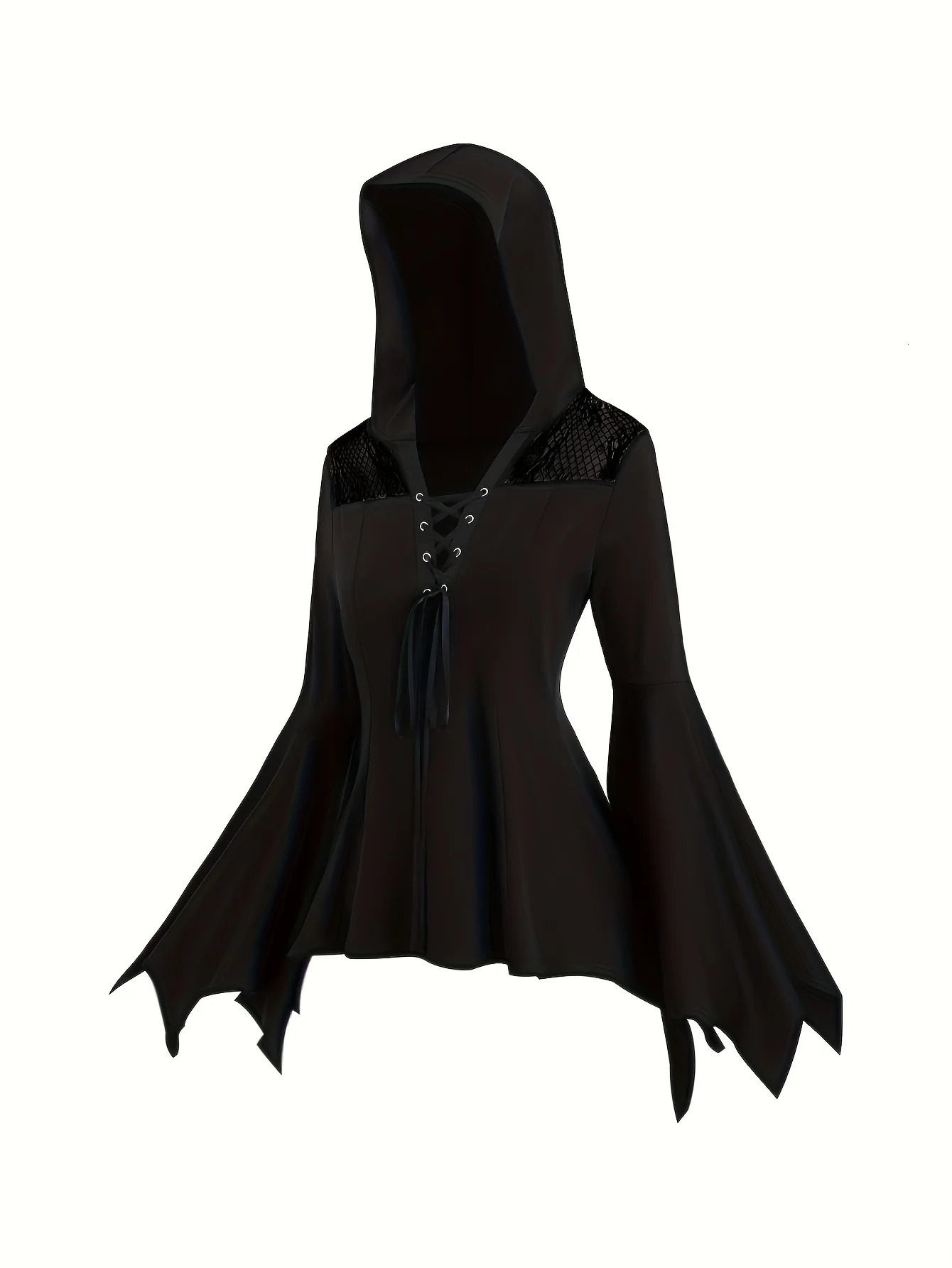 European and American fashion explosions plus size lace stitching trumpet sleeve hooded top solid color long Go 250730