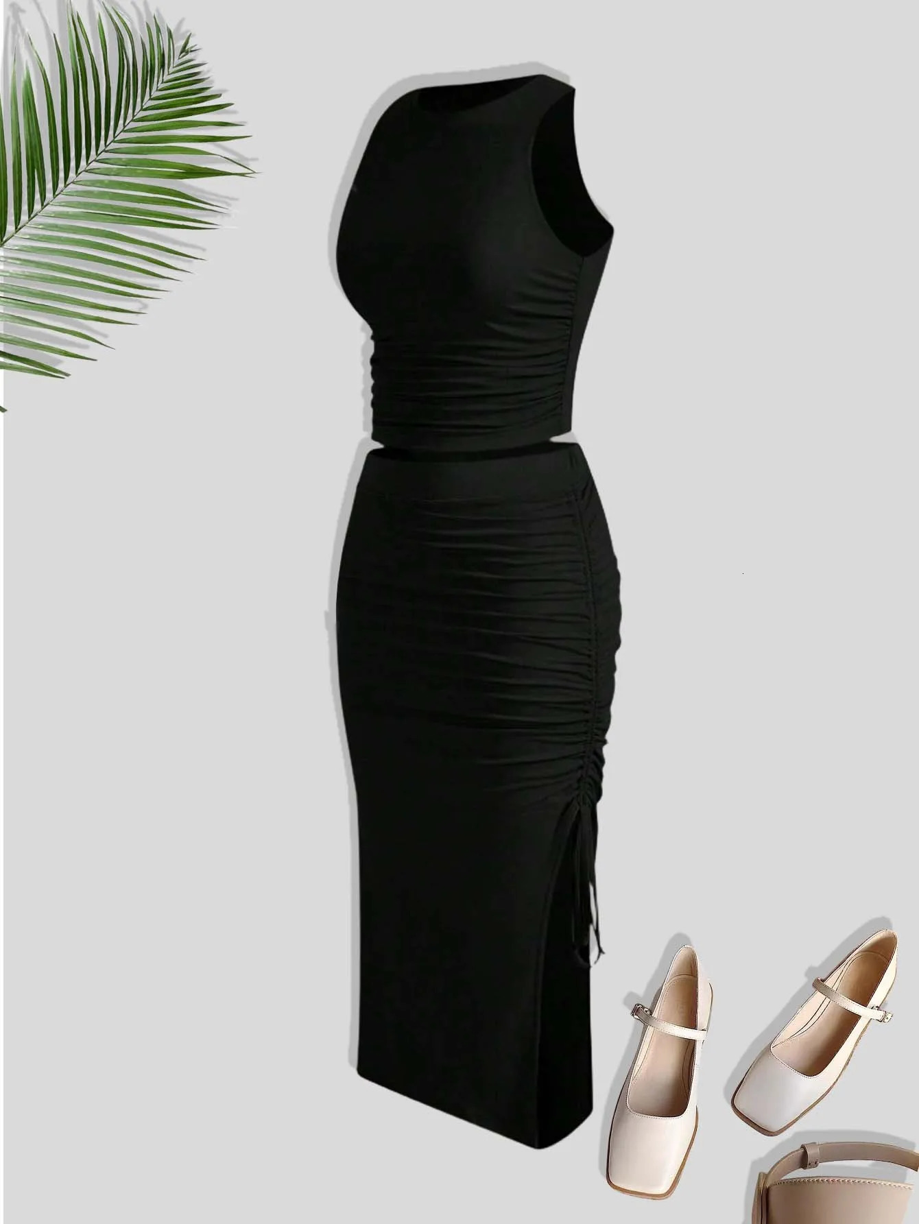 Summer Fashion Womens Casual Solid Color Sleeveless Vest Top Drawstring Skirt 250729