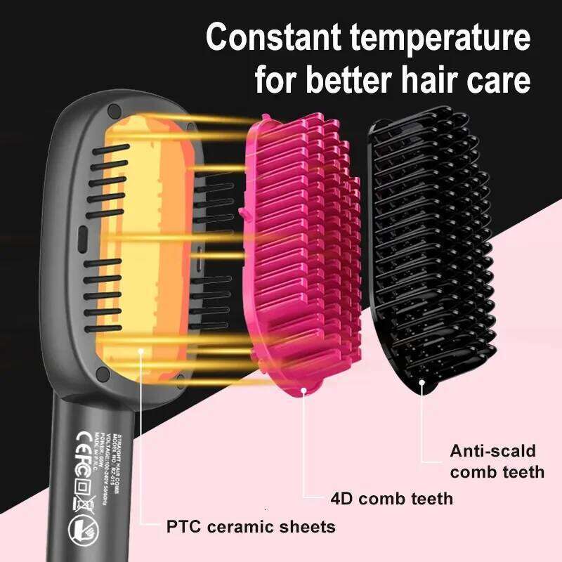 Straightener With Keratin Ceramic Coating, Negative Ion Straightening Brush, Dual Voltage Hot-air Hair Brush - Black