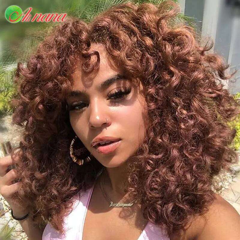 Brazilian Bouncy Scarf Ginger/Brown/ Blonde Color Full hine With Bangs Curly Style100% Human Hair Wig For Women