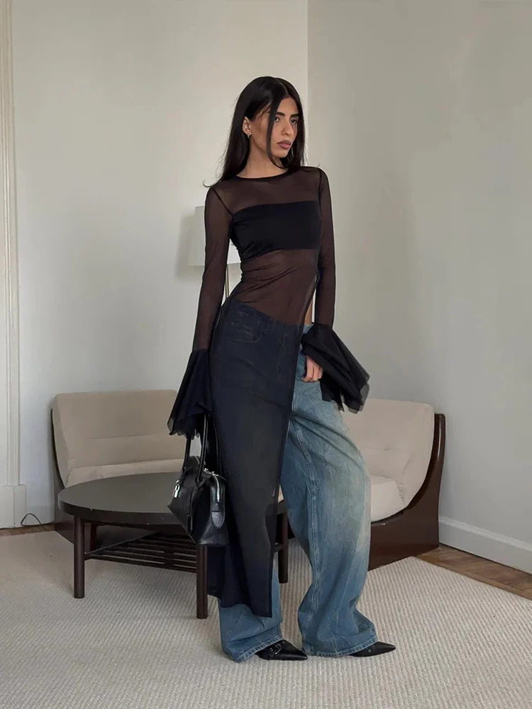 Nibber Irregular Hem tShirt Women Patchwork Sexy oNeck Flared Sleeves Summer Daily Fashion Midnight Skinny tie Long Tops 250724