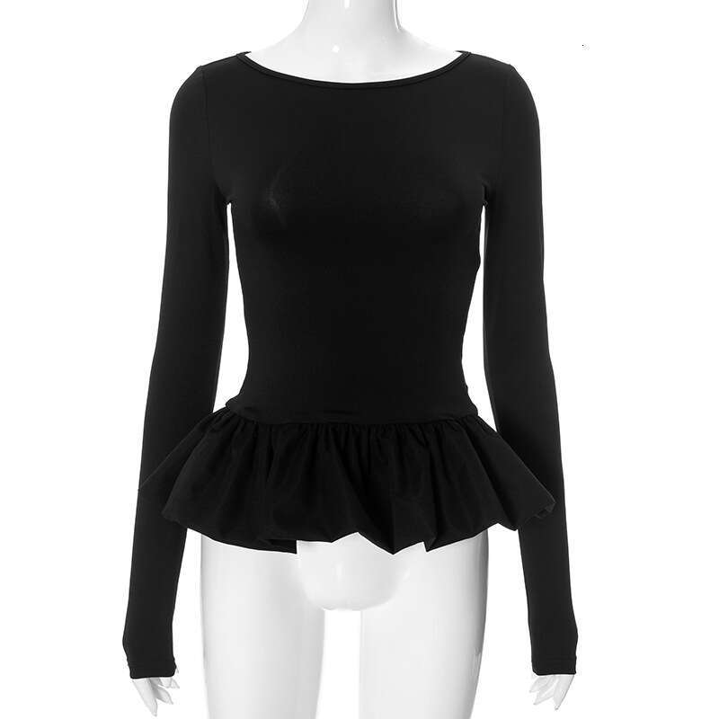 Ytp464 Women's Autumn New Solid Color Round Neck Patchwork Lace Sexy Long Sleeve Top B5