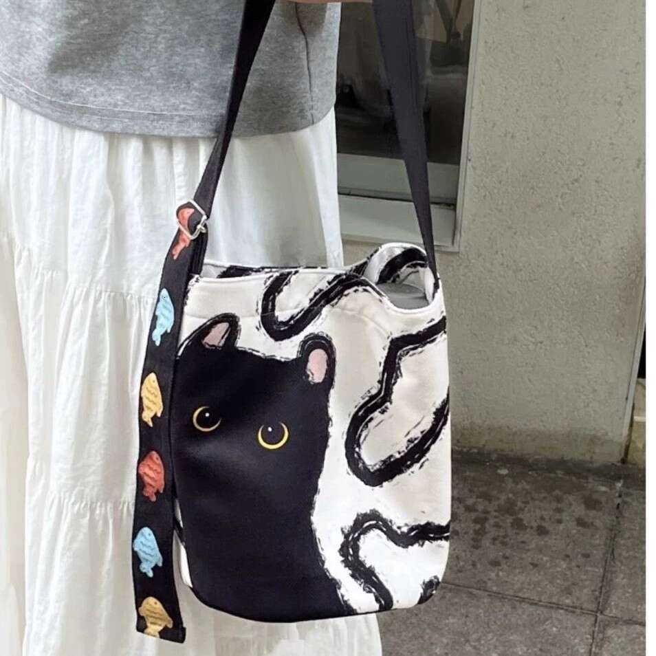 Kebidou Korean Style Lazy Large Capacity Relaxed Canvas Cat Shoulder Bag Unique Design