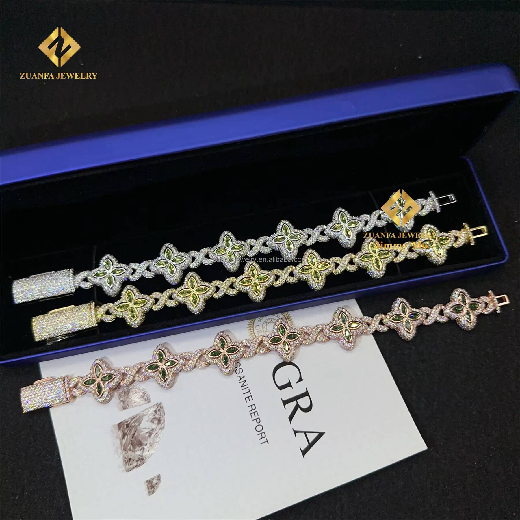 Fashion Jewelry New Arrivals Iced Out Hip Hop Jewelry S925 Silver Moissanite Diamond Four Cleef Clover Cuban Bracelet Men