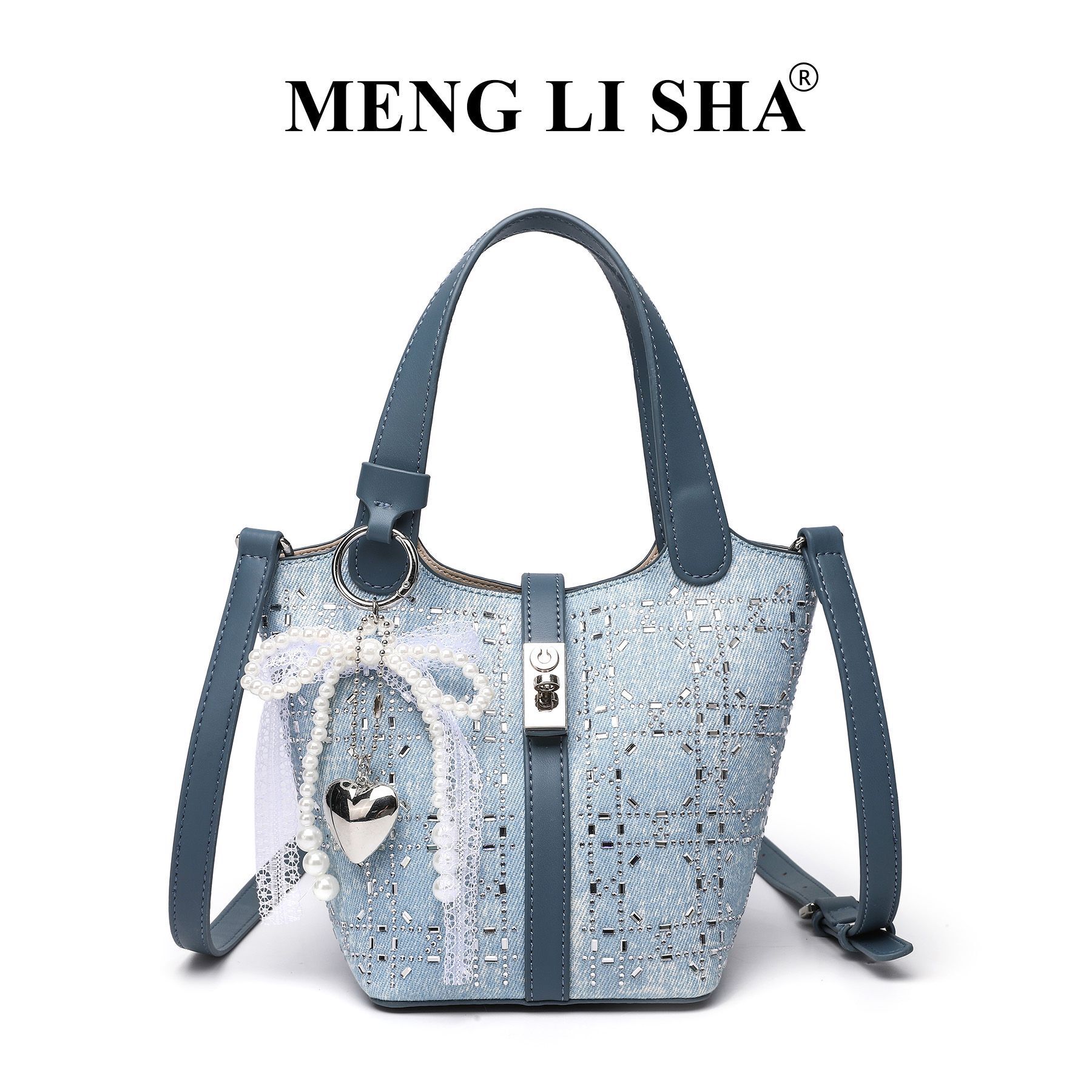 2025 New Niche Fashion Denim Diamond-Embellished Handheld Basket for Women Simple Versatile Shoulder Crossbody Bucket Bag ddmymoon
