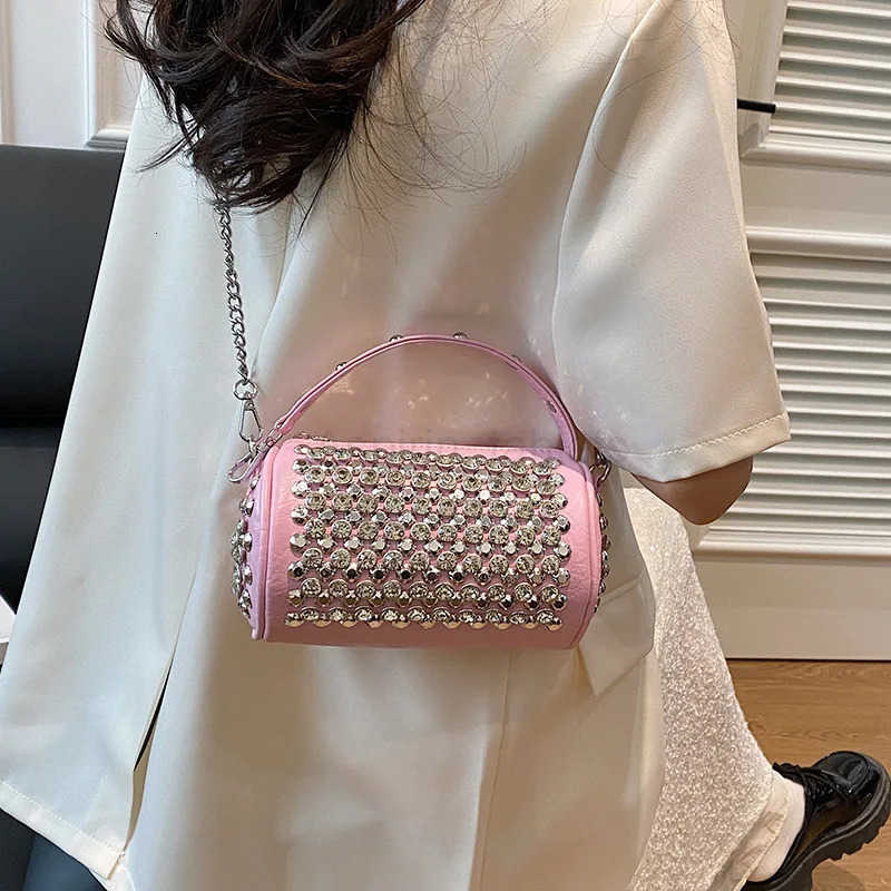 New Womens Bag Cylinder Handmade Shoulder Bag Water Diamond Versatile One Shoulder Crossbody Pillow Bag M250730