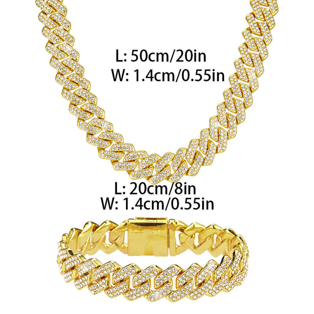 14mm Dia-Encrusted Flip Cover Cuban Chain Bold Luxurious Men's Hip-Hop Necklace Bracelet