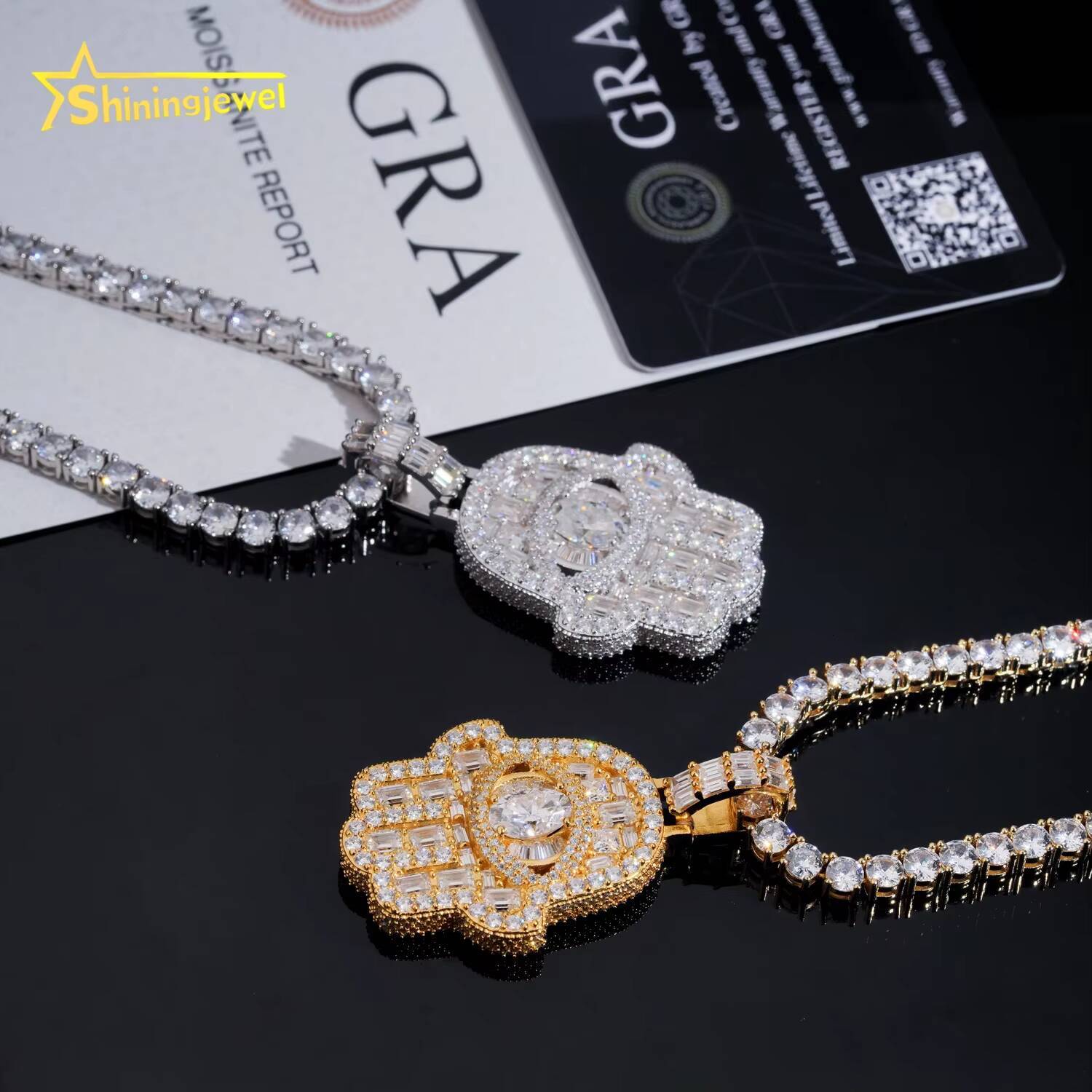 Fully Iced Out Luxury Bling Hip Hop VVS Moissanite Diamond Hamsa Hand 925 Silver Pendant