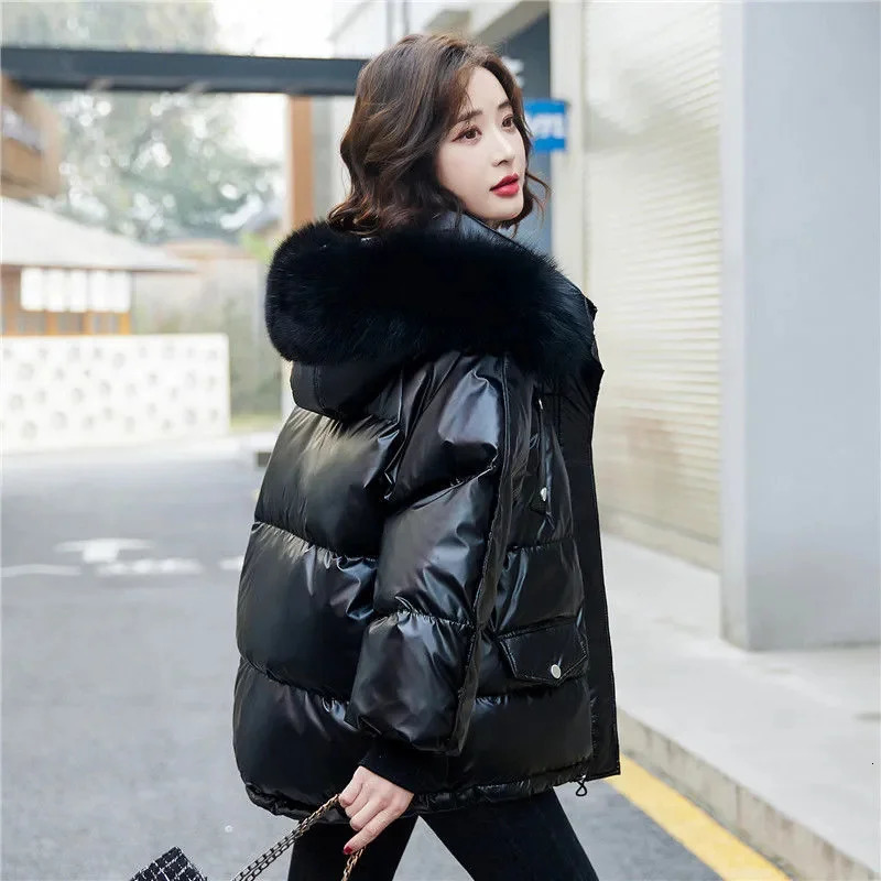 Winter Fashion Warm Duck Down Jacket Womens Clothing Glossy Fur Collar Thick Parka Short Down Coat Female Trend 250725