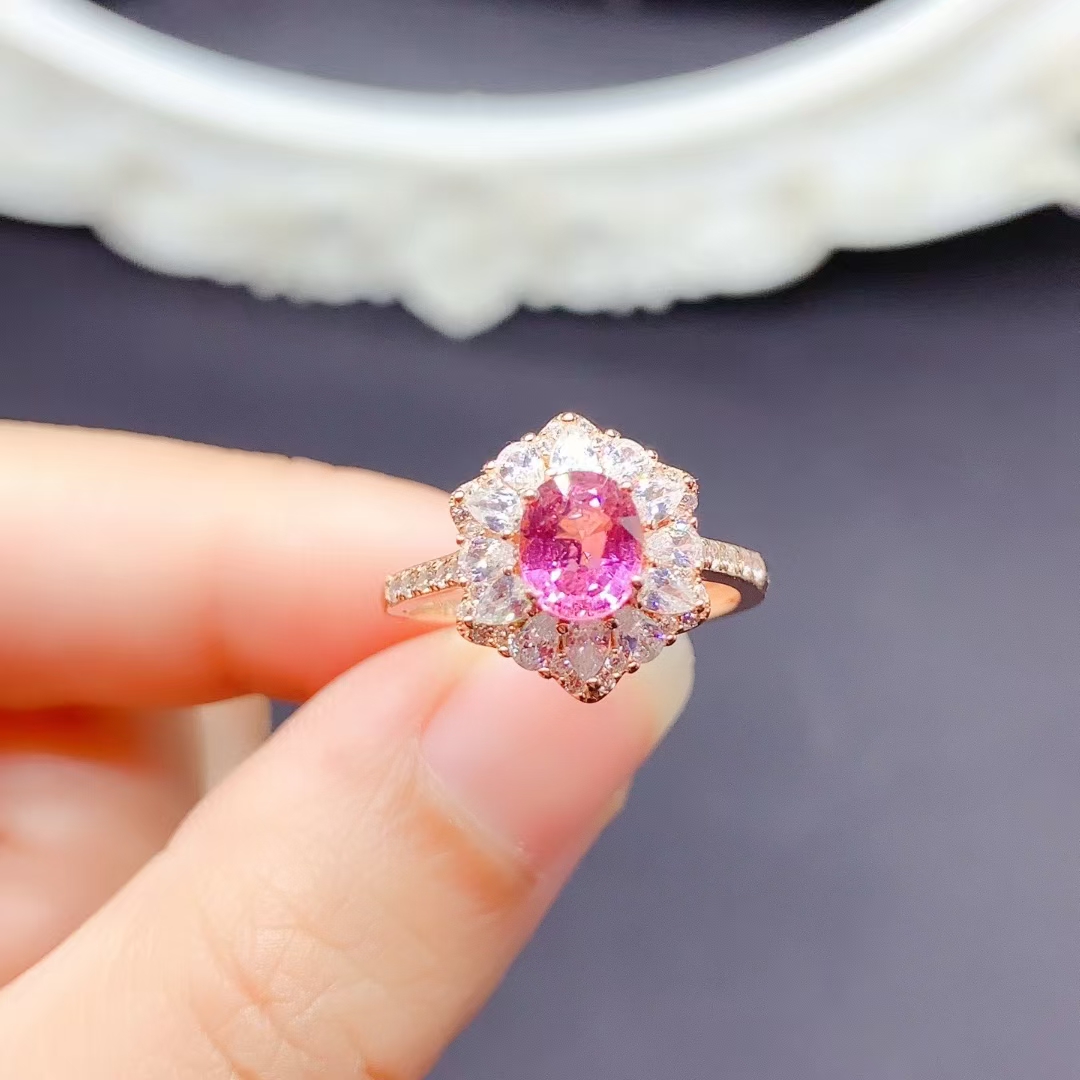 6mm*5mm Natural pink Tourmaline Ring for Engagement real 925 Silver Tourmaline with thick 18K gold plating keep shining