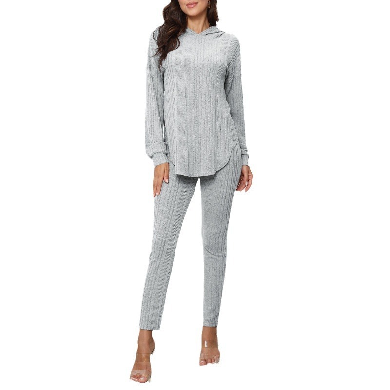 F1398 New Solid Color Ribbed Fleece Hooded Long Sleeve Fashion Slim Fit Set