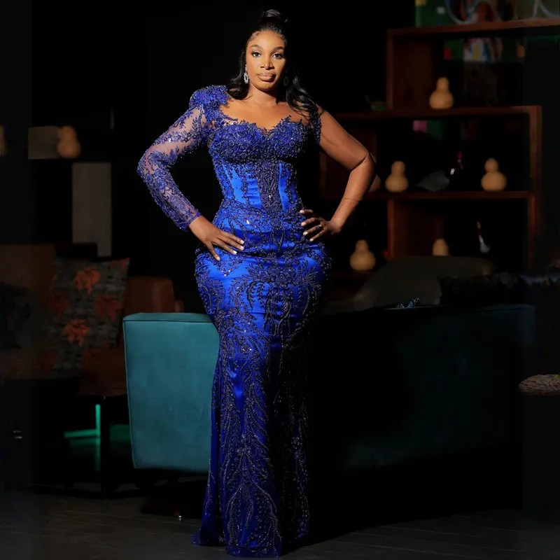 Royal Blue Plus Size Aso Ebi Prom Dresses for Special Ocns Mermaid Illusion Long Sleeves Lace Beaded Promdress Elegant Evening Dress Engagement Gowns