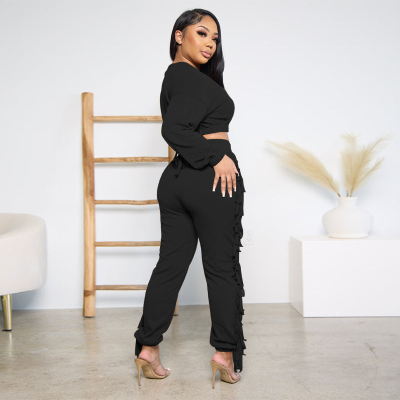 F1360-2 New Womens Solid Color Black Tassel Short Fashion Casual Set