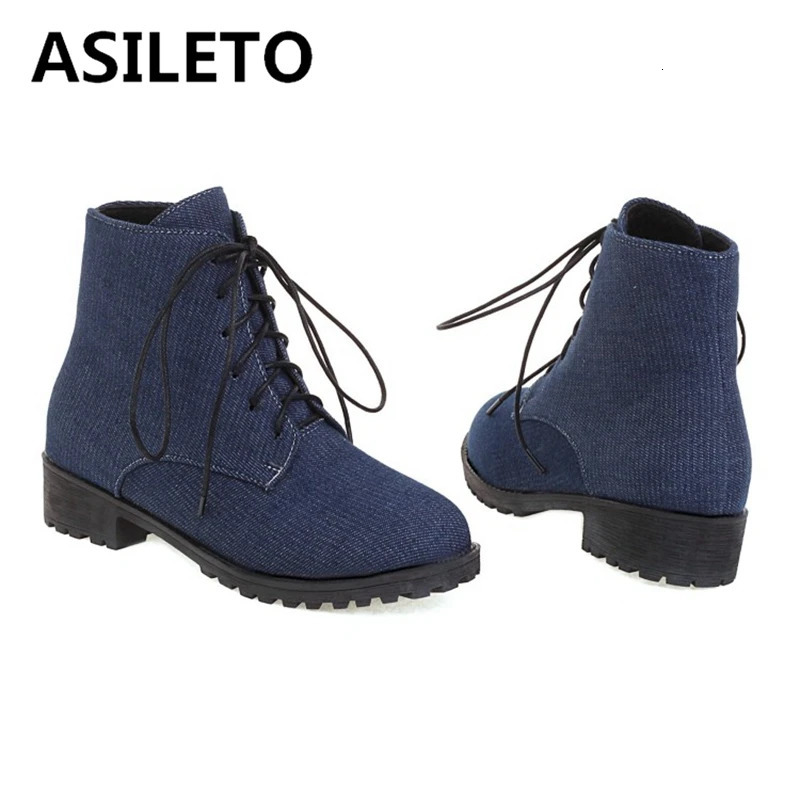 ASILETO Ladies Lace up Denim Mid Calf Boots Flat With Heel Blue Short Womens Winter Boots Jeans Adhesive Women Shoes F1320 250729