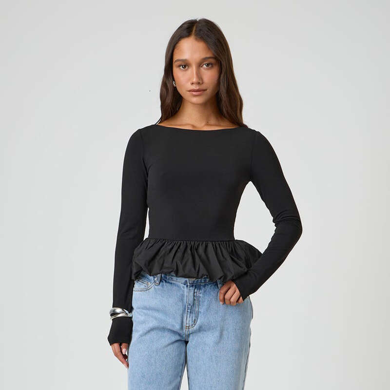 Ytp464 Women's Autumn New Solid Color Round Neck Patchwork Lace Sexy Long Sleeve Top B5