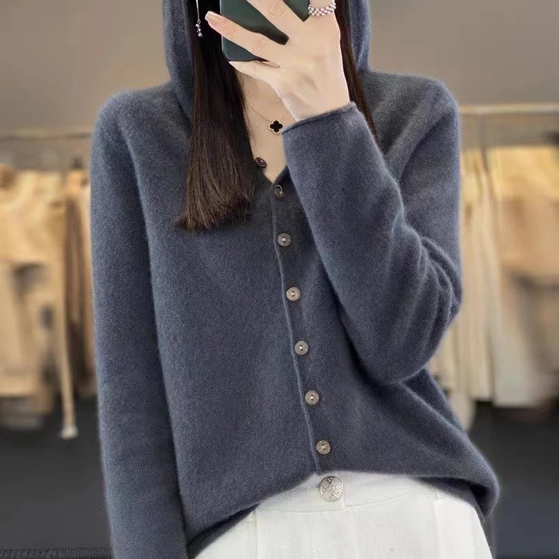 First Line 100% Merino Wool Knitted Cardigan Womens Autumn And Winter Hoodie Loose Sweater Fashionable Versatile Coat Top YC014 250730